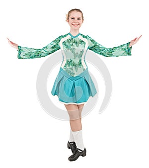 Beautiful woman in blue dress for Irish dance isolated