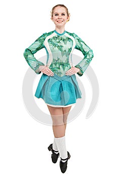 Beautiful woman in blue dress for Irish dance isolated