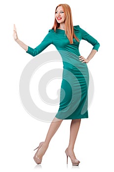 Beautiful woman in blue dress isolated on white