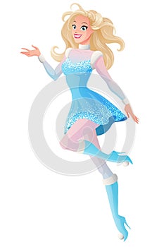 Beautiful woman in blue winter fairy snow maiden costume presenting.