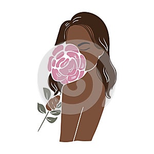 Beautiful woman in boho style with a rose stands with her back. Stock vector illustration isolated on white background.