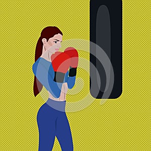 Beautiful woman boxing with black punching bag in vector