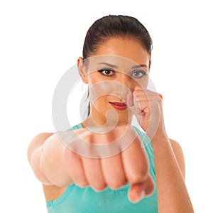 Beautiful woman boxing into copy space isolated over white background