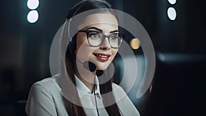 Beautiful woman call center worker in headphones in the office works