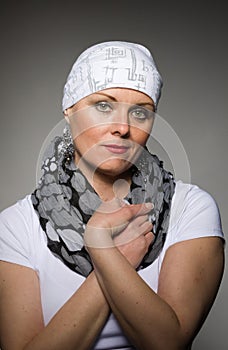 Beautiful woman cancer patient wearing headscarf