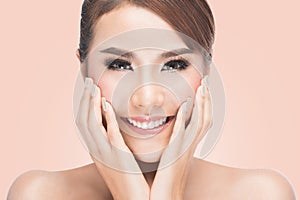 Beautiful woman cares for the skin face, Beautiful Spa Woman Touching her Face