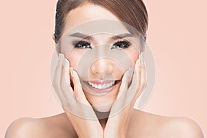 Beautiful woman cares for the skin face, Beautiful Spa Woman Touching her Face photo