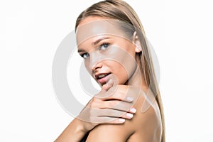 Beautiful woman cares for the skin neck posing at studio  on white bakground