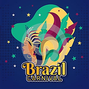Beautiful woman in carnival costume with sticker style lettering of Brazil Carnival.