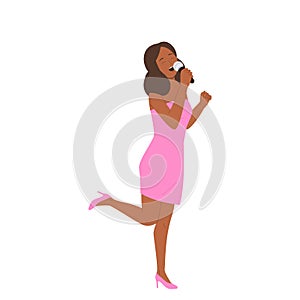 Beautiful woman cartoon character in elegant dress singing in microphone vector illustration