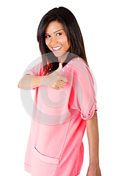 Beautiful woman in casual clothes gesturing thumbs up.