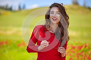 beautiful woman on cereal field in summer