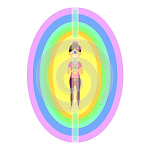 Beautiful woman character standing in yoga pose. Image of aura bodies and energy flows.