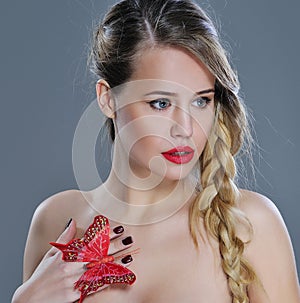 Beautiful woman closeup portrait with red lipstick