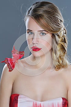 Beautiful woman closeup portrait with red lipstick