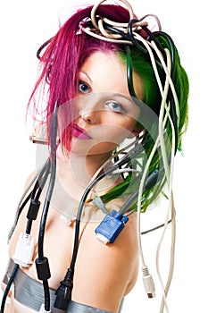 Beautiful woman with computer cords