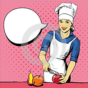 Beautiful woman cooking. Vector illustration in retro pop art style. Female chef in uniform. Restaurant concept