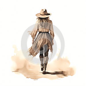 Beautiful Woman In Cowboy Hat Walking Away, A Woman Walking In A Hat