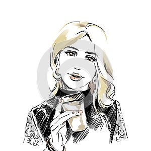 Beautiful woman with cup of coffee. Fashion illustration, female portrait
