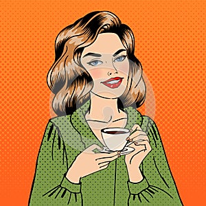 Beautiful Woman with Cup of Coffee. Pop Art