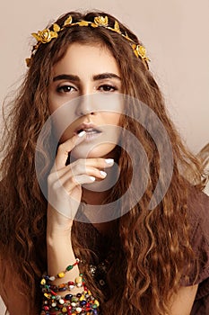 Beautiful Woman. Curly Long Hair. Fashion Model. Healthy Wavy Hairstyle. Accessories. Autumn Wreath, Gold Floral Crown