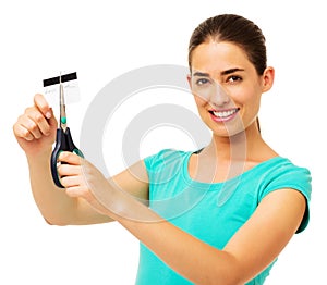 Beautiful Woman Cutting Credit Card