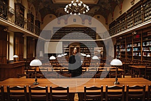 Beautiful woman in dark clothes standing alone in an empty public library with closed eyes