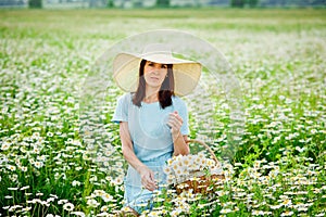 Beautiful woman with dark hair, blue dress and hat outdoors in a chamomile field. Collects flowers in a basket and a bouquet of