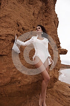 beautiful woman with dark hair in elegant clothes posing on the beach with rocks