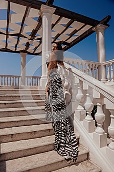 beautiful woman with dark hair in elegnt dress with zebra print posing in beach club