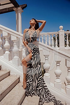 beautiful woman with dark hair in elegnt dress with zebra print posing in beach club