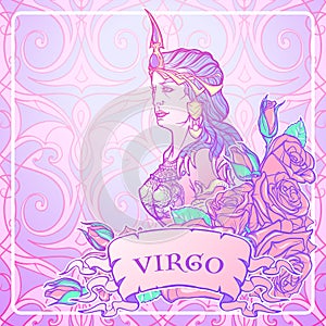 Beautiful woman with a decorative flower frame. Seamless pattern background. Zodiac Art Nouveau luxury style set. Virgo.