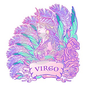 Beautiful woman with a decorative flower frame. Seamless pattern background. Zodiac Art Nouveau luxury style set. Virgo.