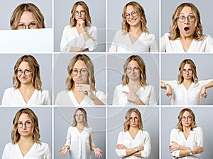 Beautiful woman with different facial expressions and gestures