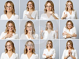 Beautiful woman with different facial expressions and gestures