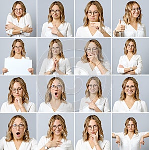 Beautiful woman with different facial expressions and gestures