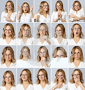 Beautiful woman with different facial expressions and gestures