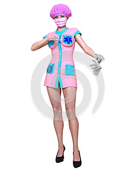 Beautiful woman doctor in sterile cap, gloves and mask