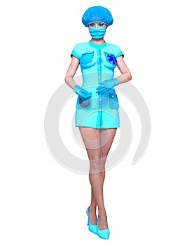 Beautiful woman doctor in sterile cap, gloves and mask