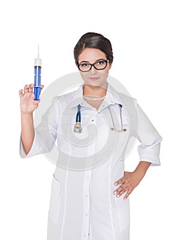 Beautiful woman doctor with syringe and stethoscope isolated