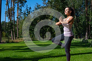 Beautiful woman doing asana outdoor - Yoga Balance Vriksha-Asana The Tree Pose photo