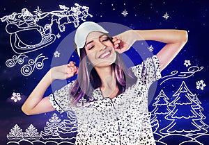 Beautiful woman dreaming about Christmas holiday while sleeping, night sky on background