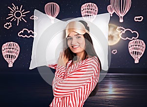 Beautiful woman dreaming about hot air balloon flight, sky with full moon on background