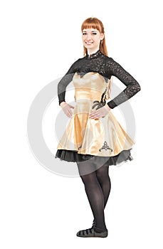 Beautiful woman in dress for Irish dance isolated