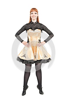 Beautiful woman in dress for Irish dance isolated