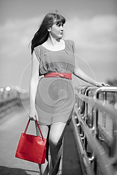 Beautiful woman in dress with red shopping bag and belt walking