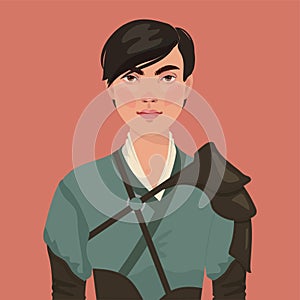Beautiful woman dressed as medieval knight in decorated suit of armor, cartoon vector illustration portrait of woman