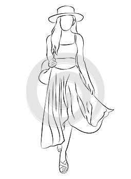 Beautiful woman dressed in boho style clothes. Full-length human figure. Line drawing. Sketch. Line art