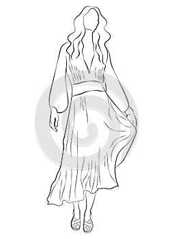 Beautiful woman dressed in boho style clothes. Full-length human figure. Line drawing. Sketch. Line art.