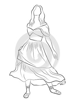 Beautiful woman dressed in boho style clothes. Full-length human figure. Line drawing. Sketch. Line art.